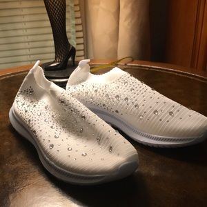 White nylon slip on rhinestone sneakers